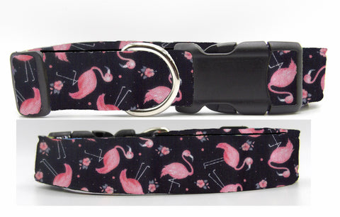 Flamingo Dog Collar / Pink Flamingos on Black / Tropical / Beach / Summer / Matching Dog Bow tie