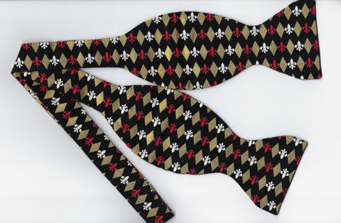 Fleur De Lis Bow tie / Metallic Gold Diamonds & Fleur De Lis Symbols on Black / Self-tie & Pre-tied Bow tie - Bow Tie Expressions