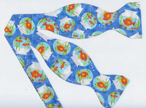 Goldfish Bow tie / Pet Goldfish in Bowls on Blue / Self-tie & Pre-tied - Bow Tie Expressions