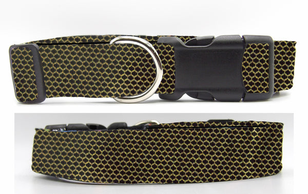 Gold & Black Dog Collar / Metallic Gold Mesh Design on Black / Matching Dog Bow tie