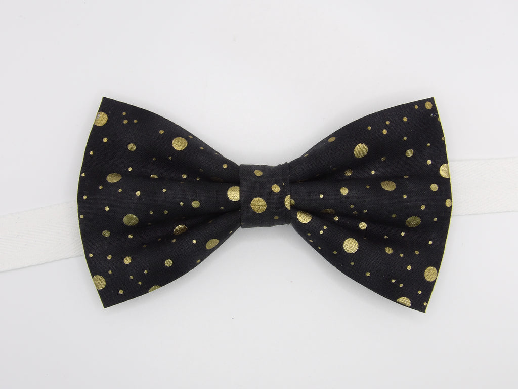 Gold & Black Bow tie / Metallic Gold Mixed Dots on Black / Pre-tied Bow tie