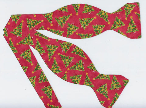 Christmas Tree Bow tie / Lighted Christmas Trees on Red / Self-tie & Pre-tied Bow tie - Bow Tie Expressions