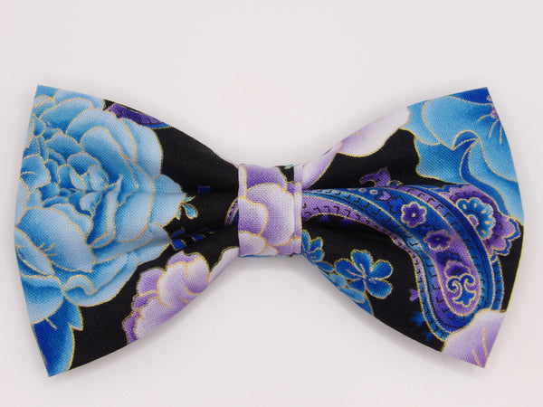 Beautiful Floral Paisley Bow tie / Lavender & Blue Flowers on Black with Metallic Gold Trim / Self-tie & Pre-tied Bow tie