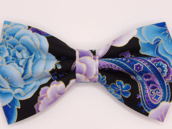 Beautiful Floral Paisley Bow tie / Lavender & Blue Flowers on Black with Metallic Gold Trim / Pre-tied Bow tie