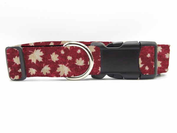 Maple Leaf Dog Collar / Tan Maple Leaves on Dark Red / Canada Dog Collar / Matching Dog Bow tie