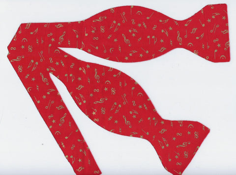 Music Bow tie / Mini Metallic Gold Musical Notes on Red / Self-tie & Pre-tied Bow tie