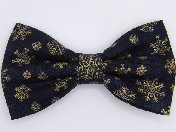 Christmas Bow tie / Metallic Gold Snowflakes on Black / Pre-tied Bow tie