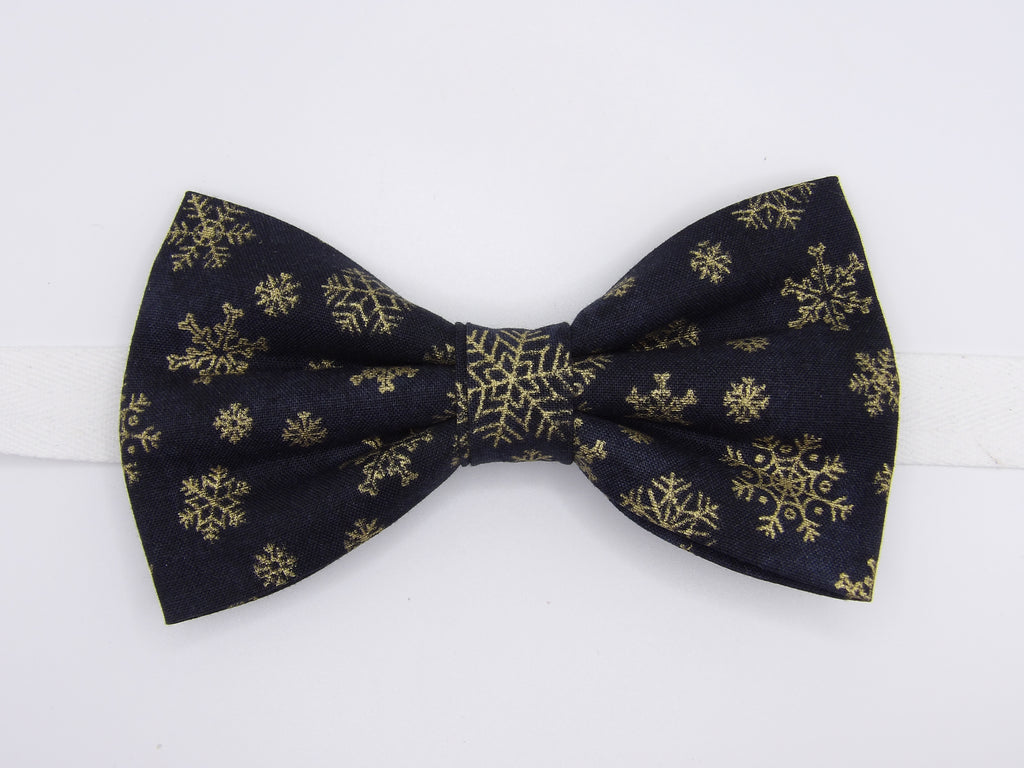 Christmas Bow tie / Metallic Gold Snowflakes on Black / Pre-tied Bow tie