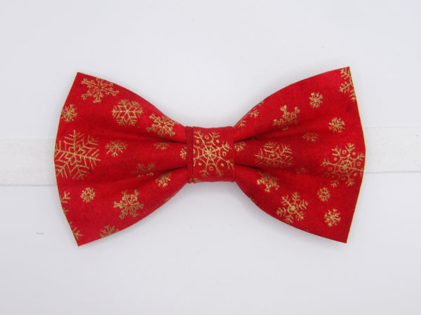 Christmas Bow tie / Metallic Gold Snowflakes on Holiday Red / Pre-tied Bow tie