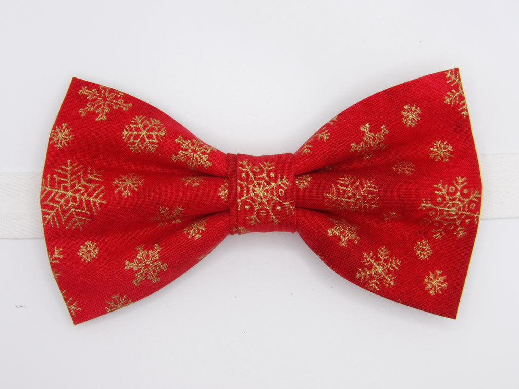 Christmas Bow tie / Metallic Gold Snowflakes on Holiday Red / Pre-tied Bow tie