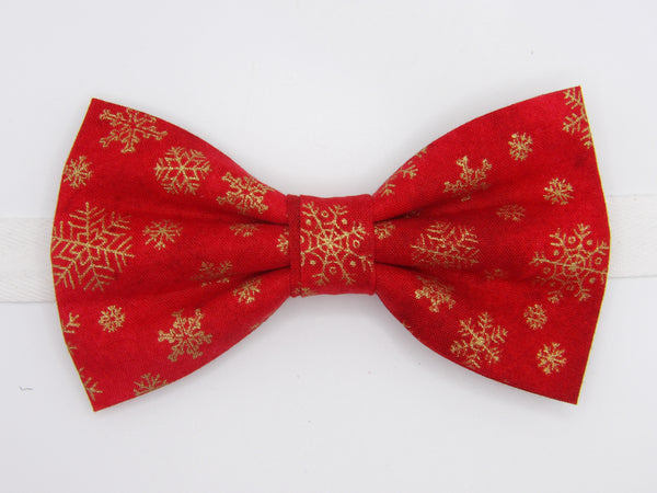Christmas Bow tie / Metallic Gold Snowflakes on Holiday Red / Pre-tied Bow tie