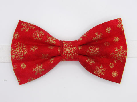 Christmas Bow tie / Metallic Gold Snowflakes on Holiday Red / Pre-tied Bow tie