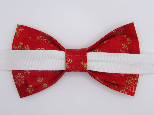 Christmas Bow tie / Metallic Gold Snowflakes on Holiday Red / Pre-tied Bow tie