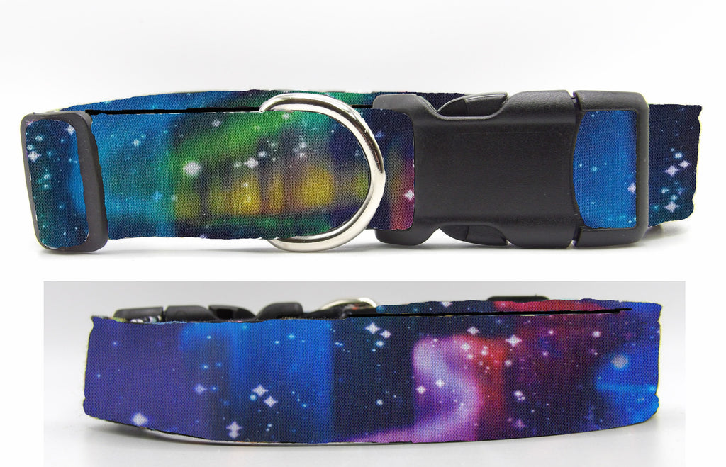 Northern Lights Dog Collar / Colorful Wavy Lights & Stars / Star Gazer / Matching Dog Bow tie