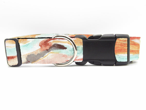Painted Canyon Dog Collar / Trendy Peach & Teal / Wavy Watercolors / Abstract Art Dog Collar / Matching Dog Bow tie