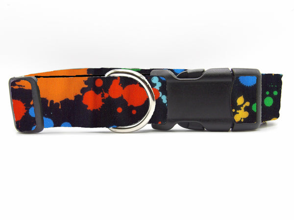 Paintball Dog Collar / Green, Blue, Yellow & Red on Black / Paint Splatter Dog Collar / Matching Dog Bow tie