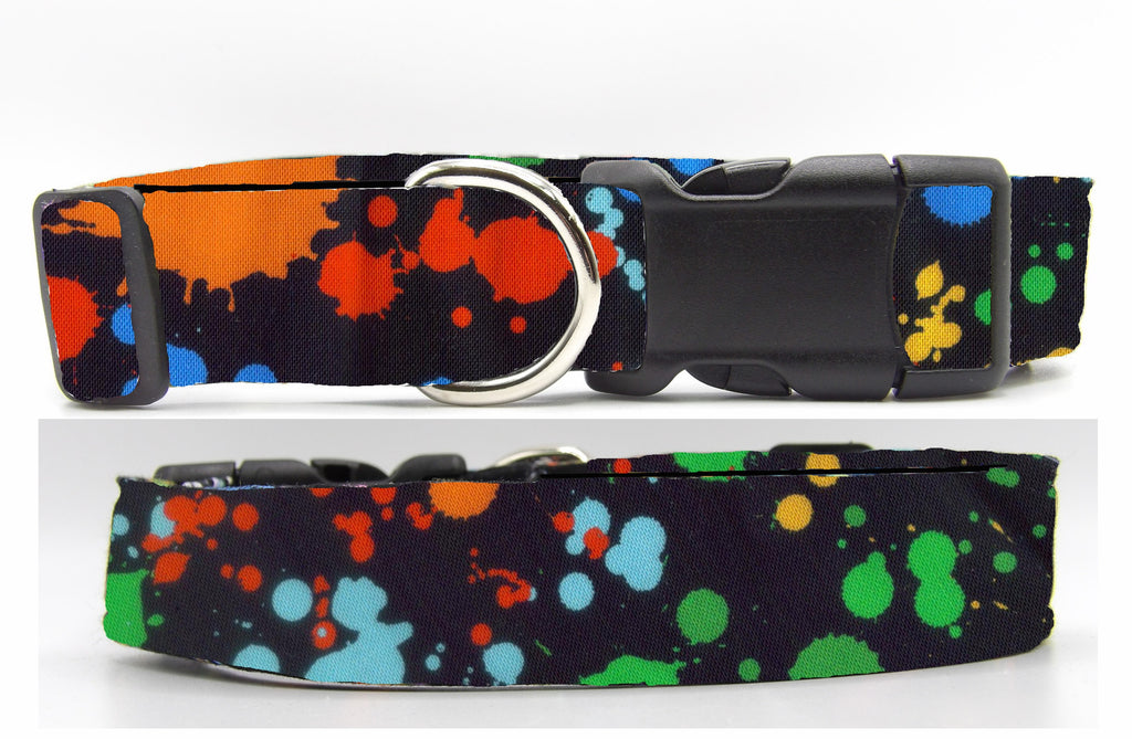 Paintball Dog Collar / Green, Blue, Yellow & Red on Black / Paint Splatter Dog Collar / Matching Dog Bow tie