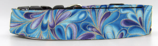 Peacock Swirl Dog Collar / Blue and Purple Swirls with Metallic Gold Highlights / Abstract Dog Collar / Matching Dog Bow tie