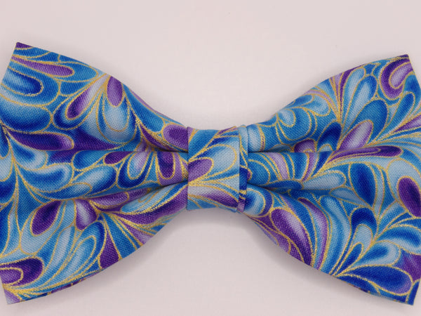 Peacock Swirl Bow tie / Blue and Purple Swirls / Metallic Gold Highlights / Pre-tied Bow tie