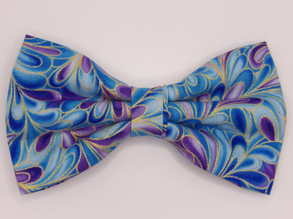 Peacock Swirl Bow tie / Blue and Purple Swirls / Metallic Gold Highlights / Self-tie & Pre-tied Bow tie