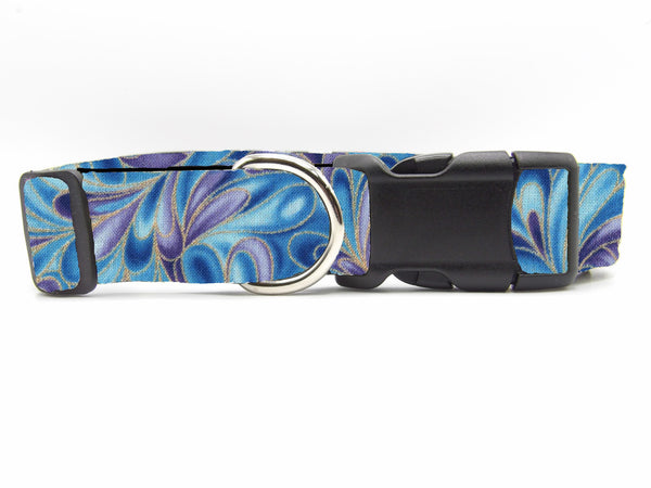 Peacock Swirl Dog Collar / Blue and Purple Swirls with Metallic Gold Highlights / Abstract Dog Collar / Matching Dog Bow tie