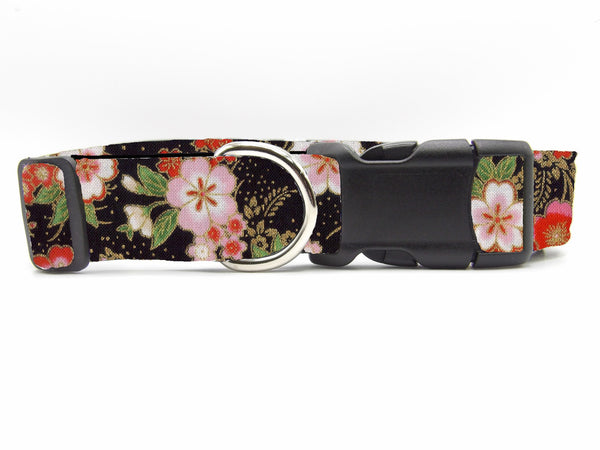 Japanese Floral Dog Collar / Oriental Pink Flowers / Metallic Gold / Matching Dog Bow tie
