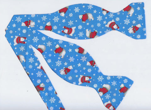 Christmas Bow tie / Playful Polar Bears & Snowflakes on Light Blue / Self-tie & Pre-tied Bow tie