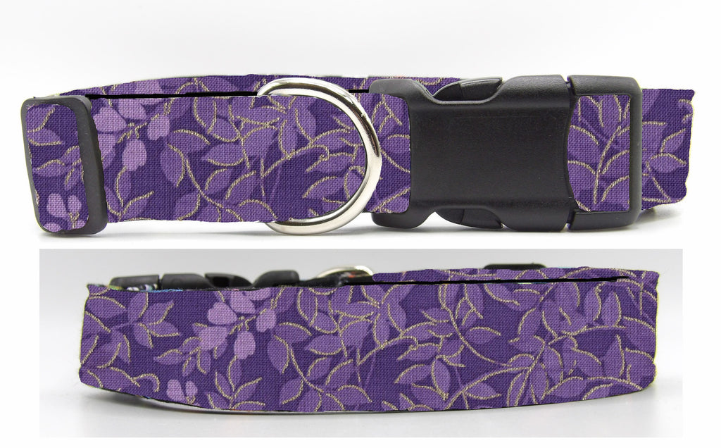 Purple & Gold Dog Collar / Delicate Purple Leaves with Metallic Gold Highlights / Purple Dog Collar / Matching Dog Bow tie