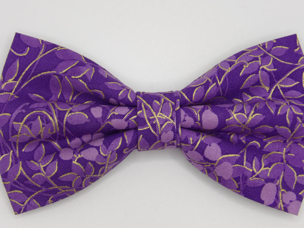 Purple Bow Tie / Delicate Purple Leaves with Metallic Gold Highlights / Pre-tied Bow tie