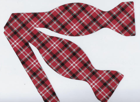 Red Plaid Bow tie / Black & White Diagonal Plaid on Apple Red / Self-tie & Pre-tied Bow tie