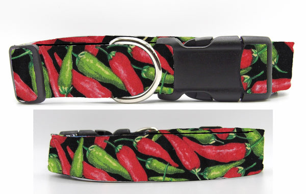 Chili Pepper Dog Collar / Red & Green Hot Peppers on Black / BBQ Dog Collar / Matching Dog Bow tie