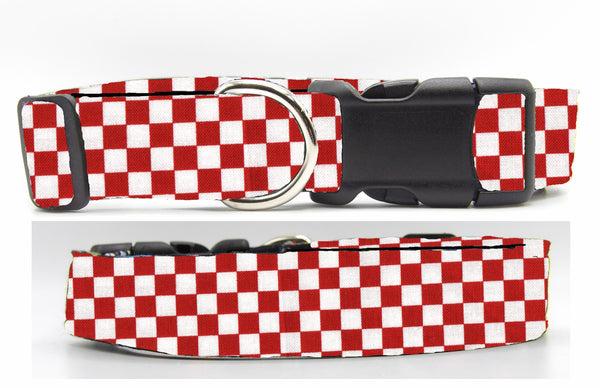Checkerboard Dog Collar / Red & White Checks / Red Plaid Dog Collar / Matching Dog Bow tie