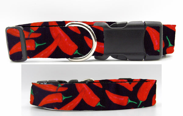 Chili Pepper Dog Collar / Red Hot Peppers on Black / BBQ Dog Collar / Matching Dog Bow tie