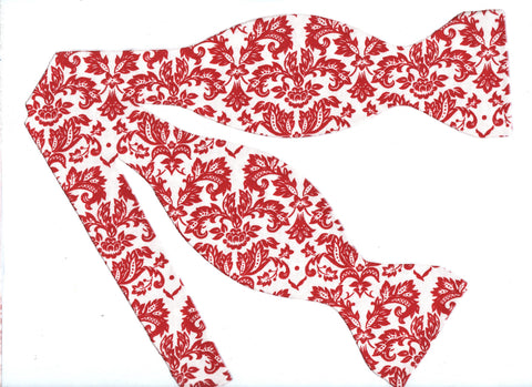 Red & White Damask Bow Tie - Petite Red Damask Print on White | Self-tie & Pre-tied