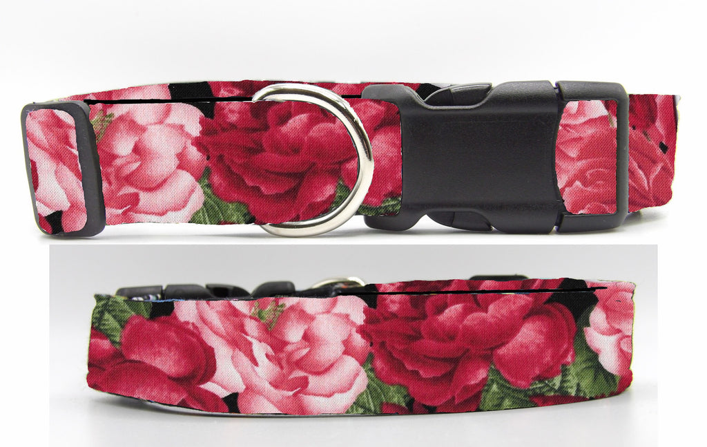 Rosie Dog Collar / Red & Pink Roses / Matching Dog Bow tie