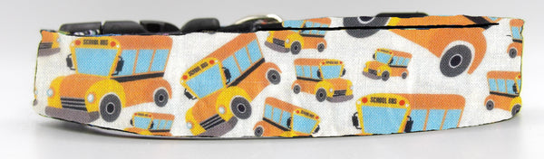 Bus Driver Dog Collar / Yellow School Buses on White / Matching Dog Bow tie