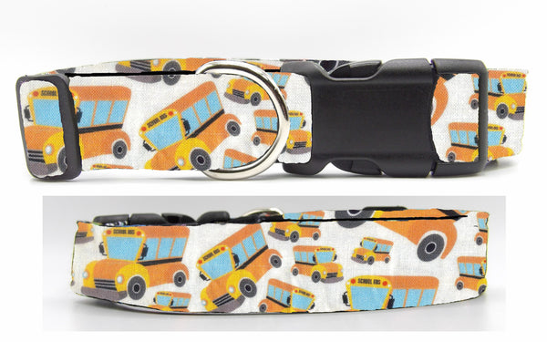 Bus Driver Dog Collar / Yellow School Buses on White / Matching Dog Bow tie