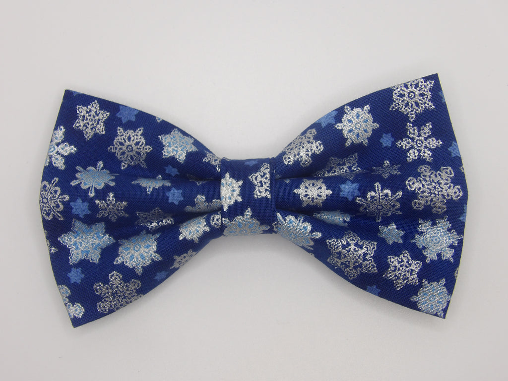 Christmas Bow tie / Metallic Silver Snowflakes on Dark Blue / Pre-tied Bow tie