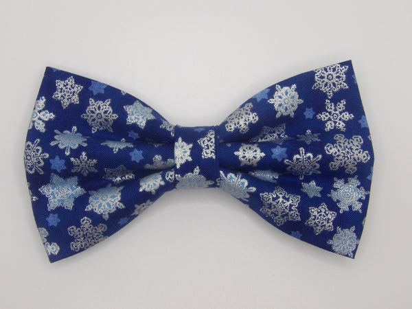Christmas Bow tie / Metallic Silver Snowflakes on Dark Blue / Pre-tied Bow tie
