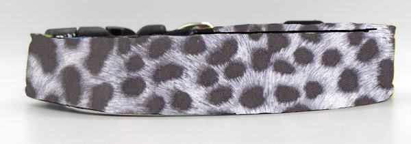 Snow Leopard Print Dog Collar / Dark Gray Spots on White / Exotic Dog Collar / Matching Dog Bow tie