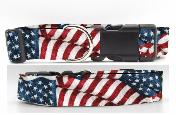 American Dog Collar / Red, White & Blue Wavy Flags / Patriotic Dog Collar / Matching Dog Bow tie