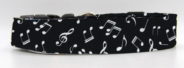 Jazzy Dog Collar / White Musical Notes on Black / Music Dog Collar / Matching Dog Bow tie