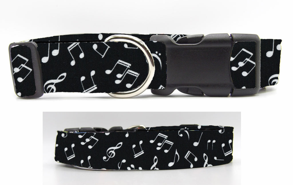 Jazzy Dog Collar / White Musical Notes on Black / Music Dog Collar / Matching Dog Bow tie