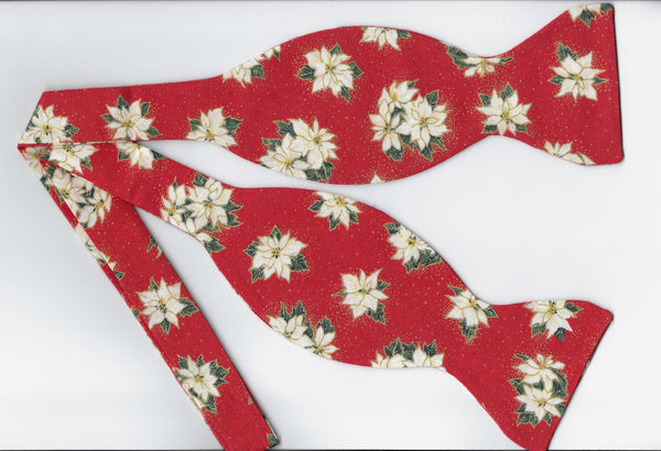 Christmas Bow tie / White Poinsettias on Red / Metallic Gold / Self-tie & Pre-tied Bow tie - Bow Tie Expressions