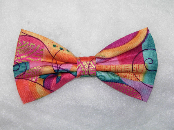 Whimsical Bow tie / Trendy Peach & Teal with Metallic Gold / Abstract Art / Pre-tied Bow tie