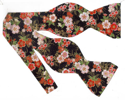 Japanese Floral Bow tie / Oriental Pink Flowers / Metallic Gold / Self-tie & Pre-tied Bow tie - Bow Tie Expressions