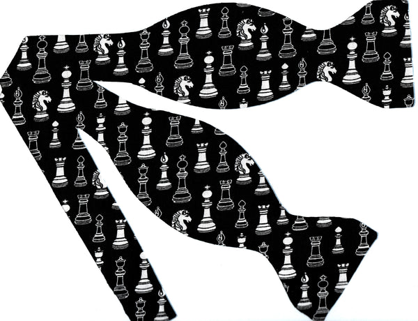 Chess Bow Tie / Chess Pieces on Black / Championship Chess Player / Self-tie & Pre-tied Bow tie