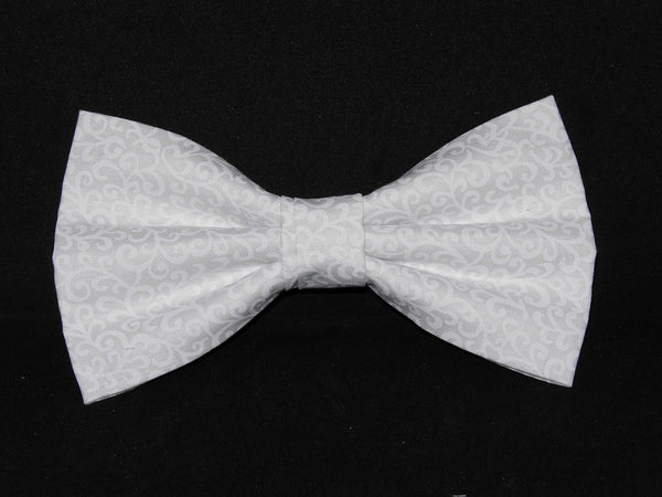 White Bow tie / Solid White with Delicate Floral Designs / Pre-tied Bow tie