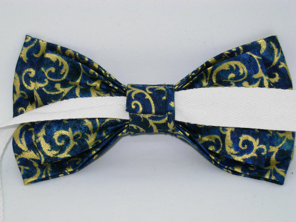 Gold & Teal Bow tie / Metallic Gold Feathery Curls / Pre-tied Bow tie