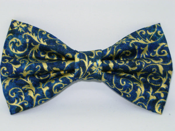 Teal & Gold Bow tie - Metallic Gold Feathery Curls on Teal Blue - Bow Tie Expressions